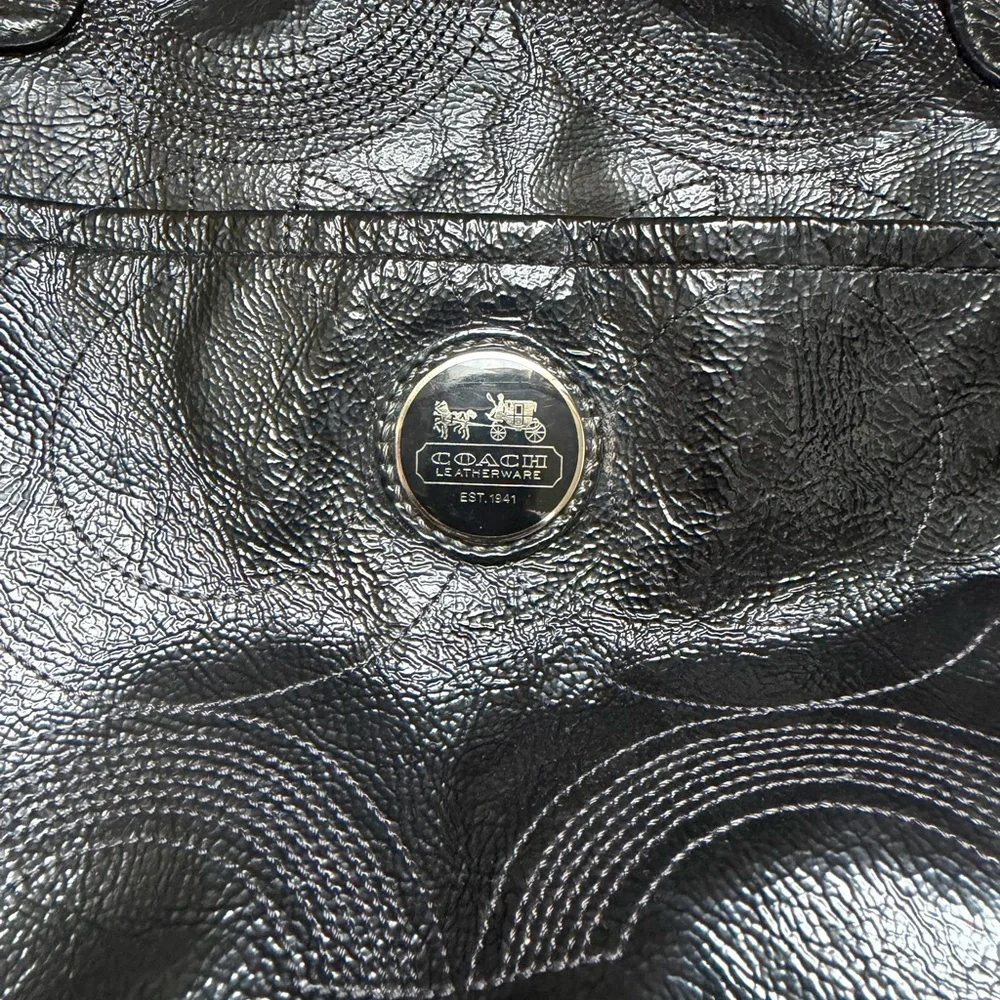 Coach Black Leather Signature-Pattern Tote with Silver Hardware diaper bags